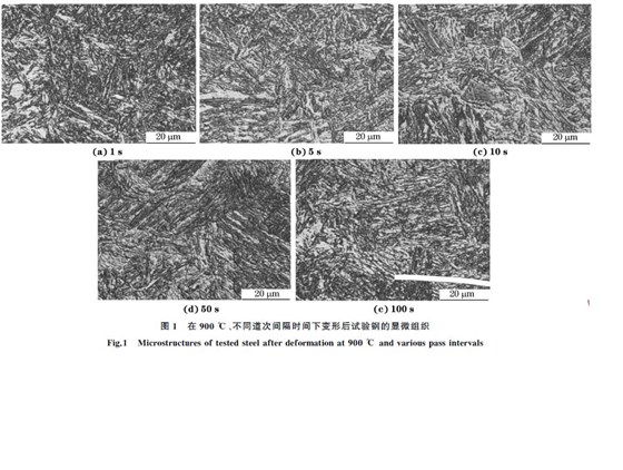 圖1 在900 ℃、不同道次間隔時間下變形后試驗鋼的顯微組織 圖1 在900 ℃、不同道次間隔時間下變形后試驗鋼的顯微組織