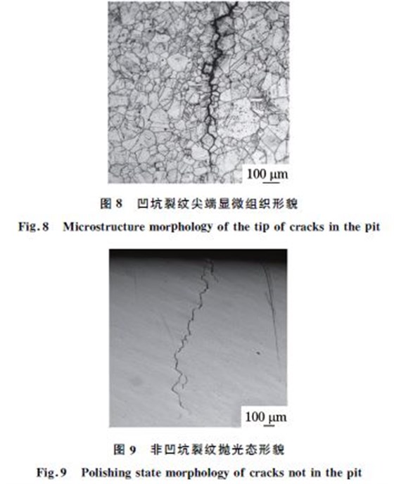 圖8 凹坑裂紋尖端顯微組織形貌 圖8 凹坑裂紋尖端顯微組織形貌