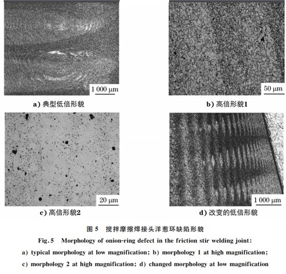 圖5 攪拌摩擦焊接頭洋蔥環(huán)缺陷形貌 圖5 攪拌摩擦焊接頭洋蔥環(huán)缺陷形貌