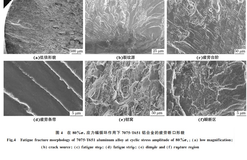 圖4 在80%σs 應力幅循環作用下7075GT651鋁合金的疲勞斷口形貌 圖4 在80%σs 應力幅循環作用下7075GT651鋁合金的疲勞斷口形貌